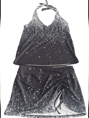 Rekita 2-Piece Set Tankini Top & Swim Skirt Black And White Splatter Size M